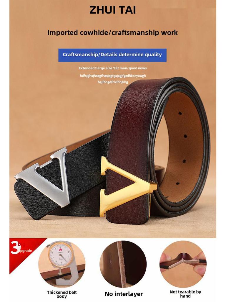 Men's Retro Smooth Buckle Belt - Large Size Genuine Leather Cowhide with Letter V Design