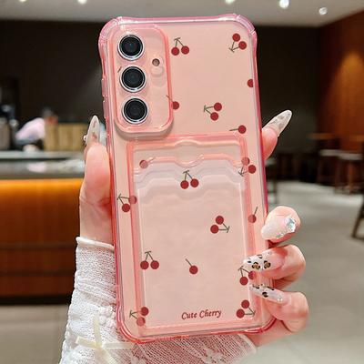 Klares Silikon-Handycover mit kleinem Kirschmuster und Kartenfach für Xiaomi 14T 13T Pro Poco F6 Pro X6 C65 Redmi Note 13 12 Pro 11 Stoßfest Schlank Weich