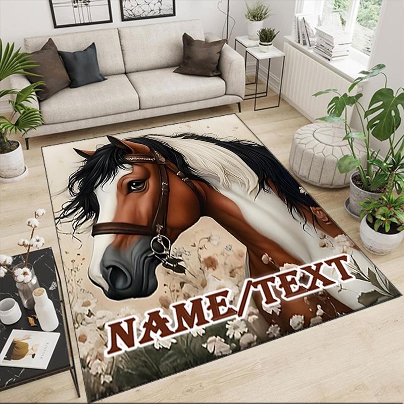 1PC Custom Name Horse Portrait Name Theme Floor Mat Ideal for Living Room, Game Rooms, Office, Bedroom,Floor Mat Playful Design
