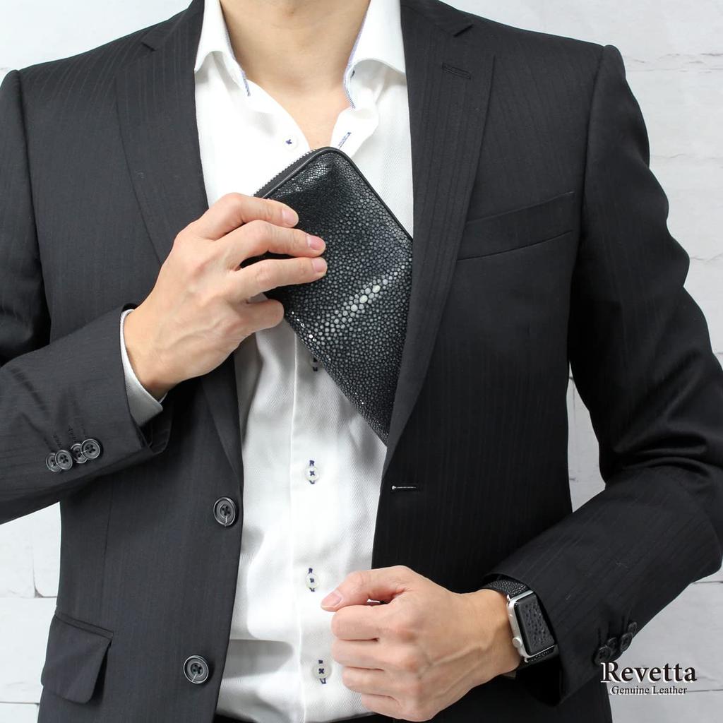 [Revetta] Stingray Leather Long Wallet, Black, Round Zipper, Galuchat Stingray Leather, Men's Genuine Leather [075-1stw-2-1]