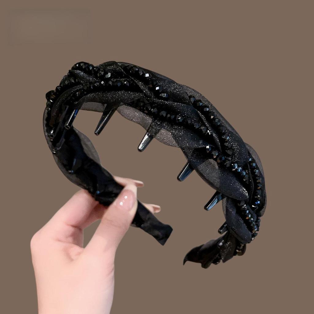 UK Luxury Black Crystal Mesh Women's Headband - High Skull Top, Versatile and Stylish