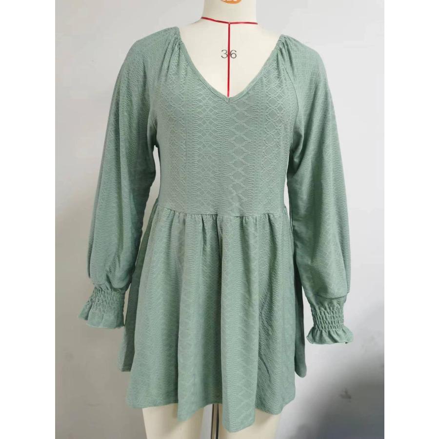 Podzimní zimní top pro ženy Jednobarevný Patchwork Žakárový výstřih do V, Dlouhý rukáv Volné tričko