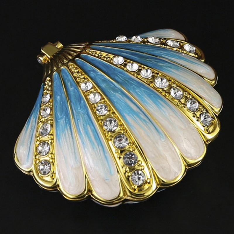 Portable Mini Jewelry Storage Box Bracelet Organizer,Embossed Shell Shape Inlaid Gem Alloy Ring Storage Jar Dresser Display Gift