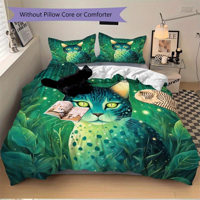 3pcs Forest Cat Bedding Set Down Comforter Cover and Pillowcases, Suitable for Guest Room Home Decoration All Seasons(No Insert) S0819053