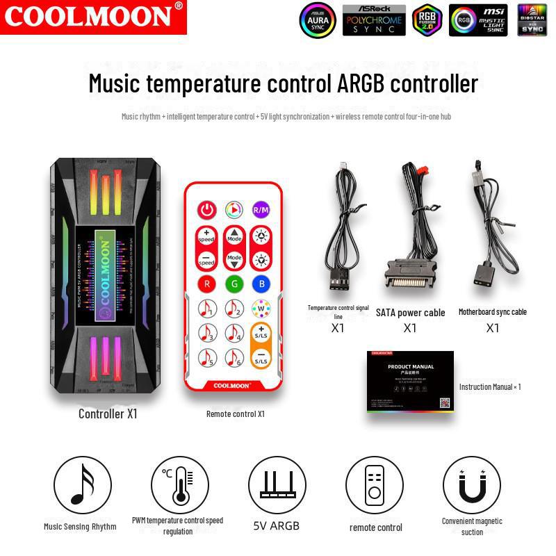 5V 3-pin ARGB Sync Fan Controller with PWM Temperature Control & Wireless Remote