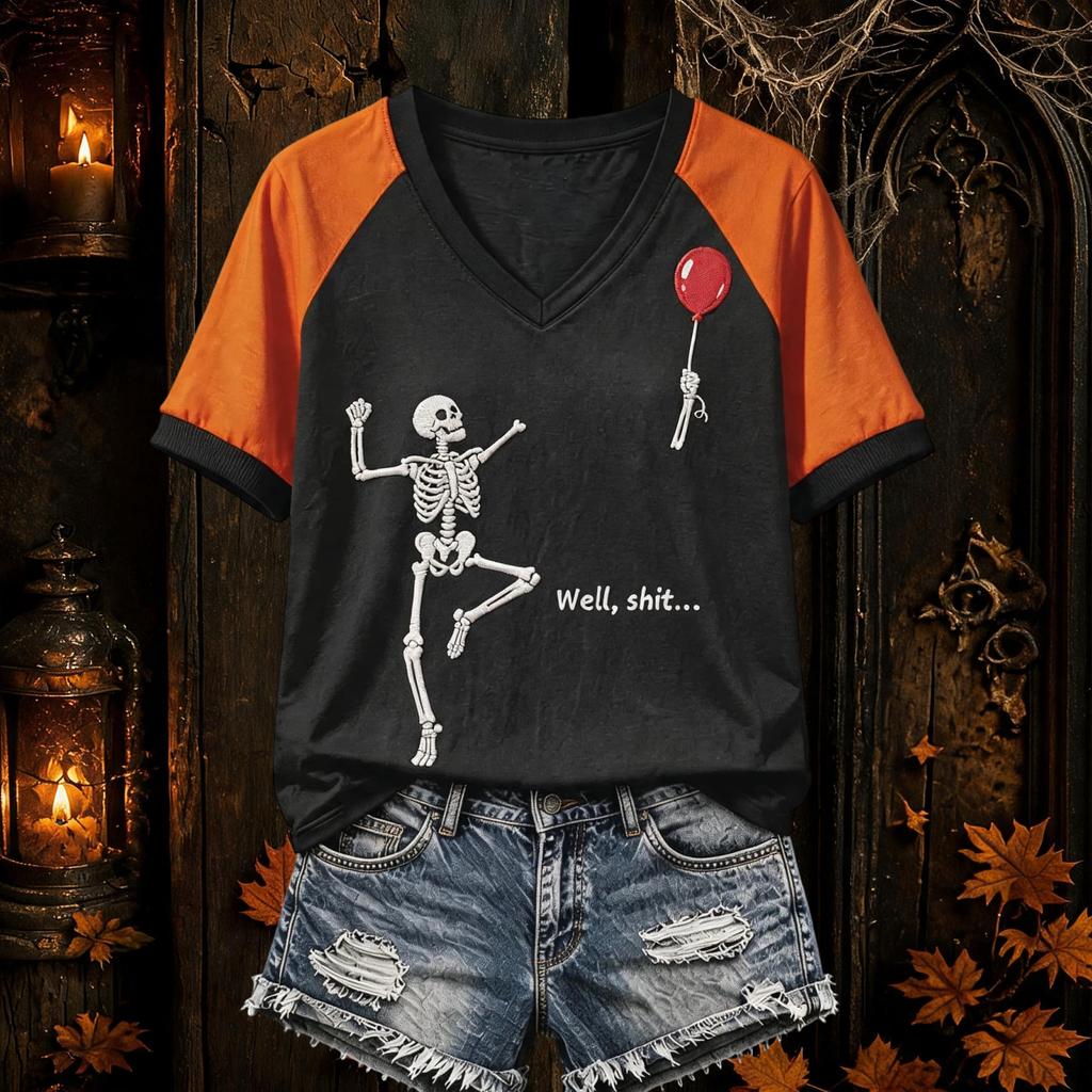 Women's Halloween Themed Raglan Short Sleeve T-Shirt for Party and Everyday Wear