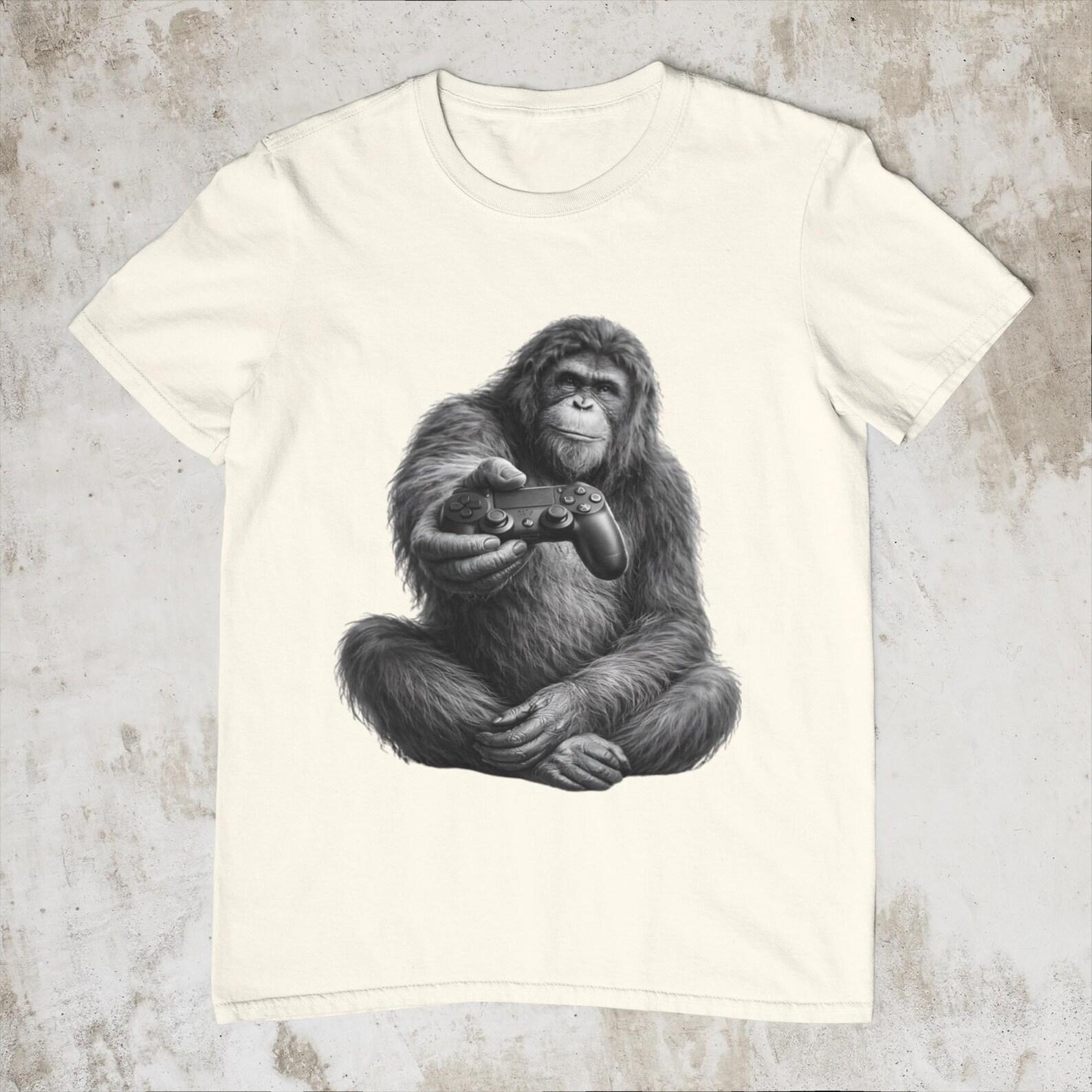 Funny Gamer Monkey T-Shirt – Ape Playing Video Games Shirt – Gamer Meme Graphic Tee – Gaming Gift for Gamers S