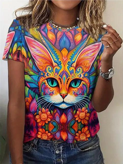 Summer Cute Cat Graphic Flower 3D Print T-Shirts Women Casual O-Neck Short Sleeve T Shirt Harajuku Y2k Tees Tops Female Clothing