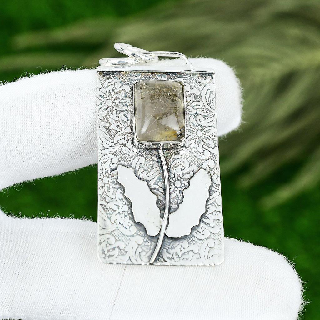 Memorial Day Deal 925 Silver Golden Rutile Gemstone Wedding Wife Bezel Pendant