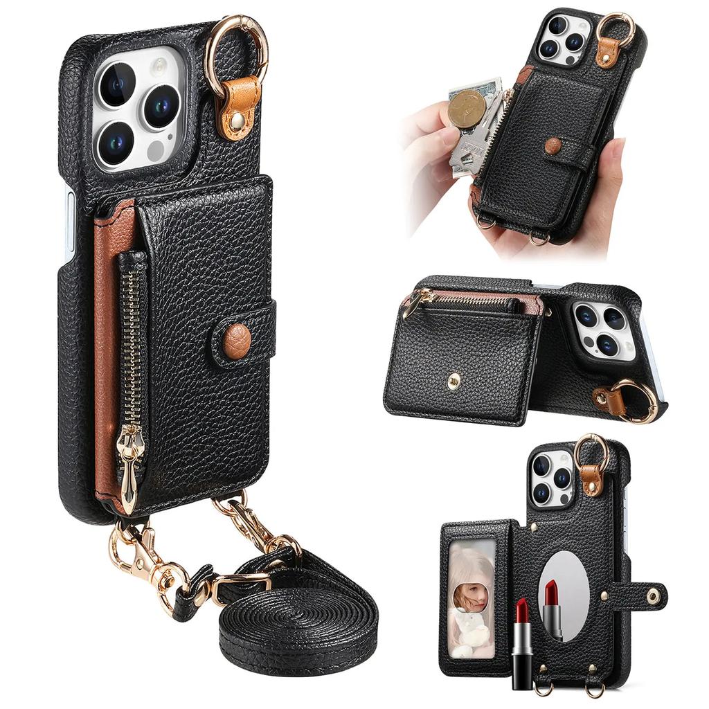 Crossbody Zipper Cards Solt Wallet Leather Case For iPhone 16 Pro Max 15 Plus 14 13 12 11 Long Lanyard Ring Holder Mirror Cover