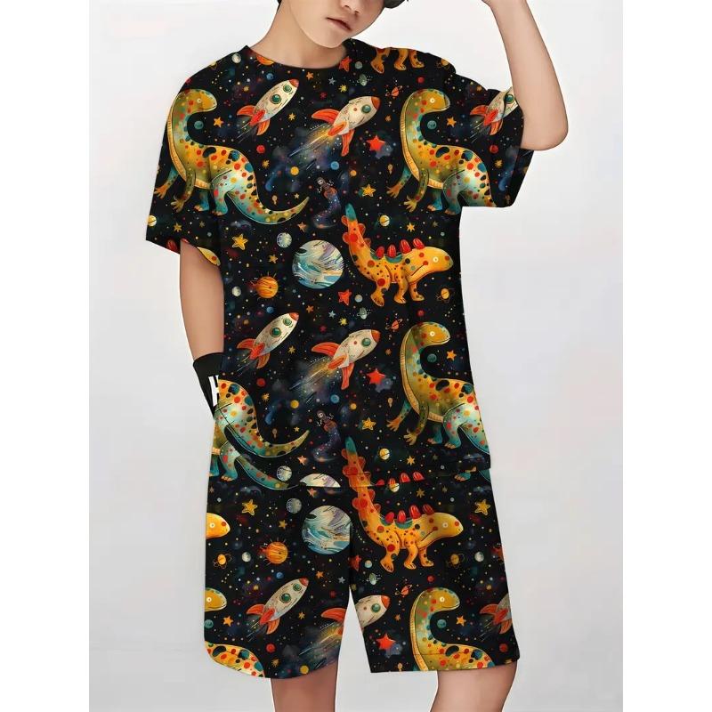 Set T-shirt Estiva Nuova per Bambini Maschi alla Moda Bello Animale Dinosauro Stampa 3D Girocollo Manica Corta