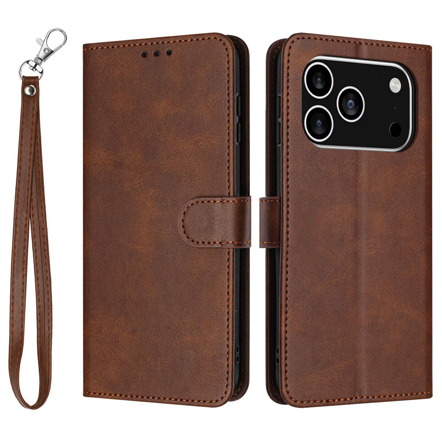 

For iPhone 17 Pro Case Flip Stand Calf Texture PU Leather Wallet Phone Cover with Strap Brown