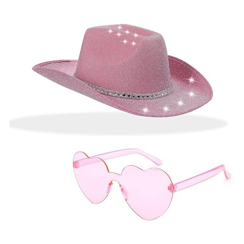 Halloween Party Silver Pink Glitter Diamond Stripe Cowboy Hat With Goggles For Costumes And Celebrations