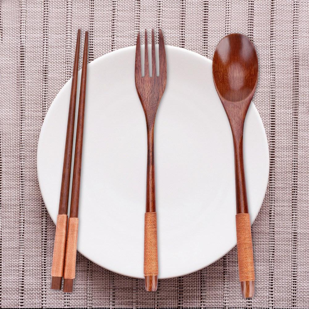 Wooden Chopsticks Spoon Fork Tableware Dinnerware 3pcs Set (with black thread)