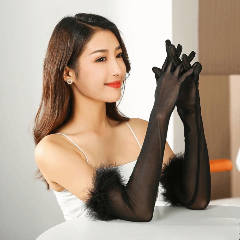 Silk Long Gloves Solid Color Mesh Mittens Fashion Feather Gloves NightClub