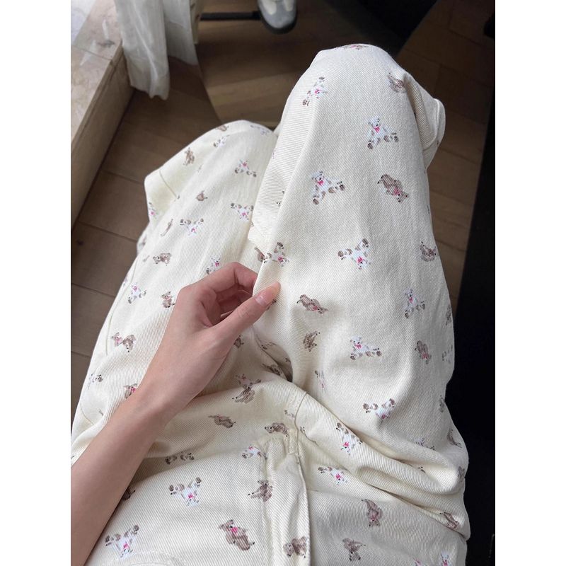 Bílé rovné džíny s potiskem medvěda v korejském stylu pro ženy Jaro Podzim Nový design Vysoký pas Široké nohavice