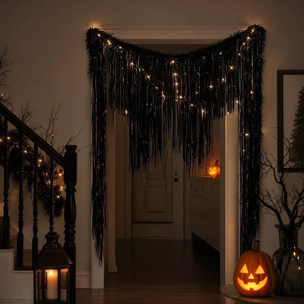 Black Plastic Rain Curtain with Lights, Halloween Party Door Curtain, Horror Themed Wall Decor with Streamers