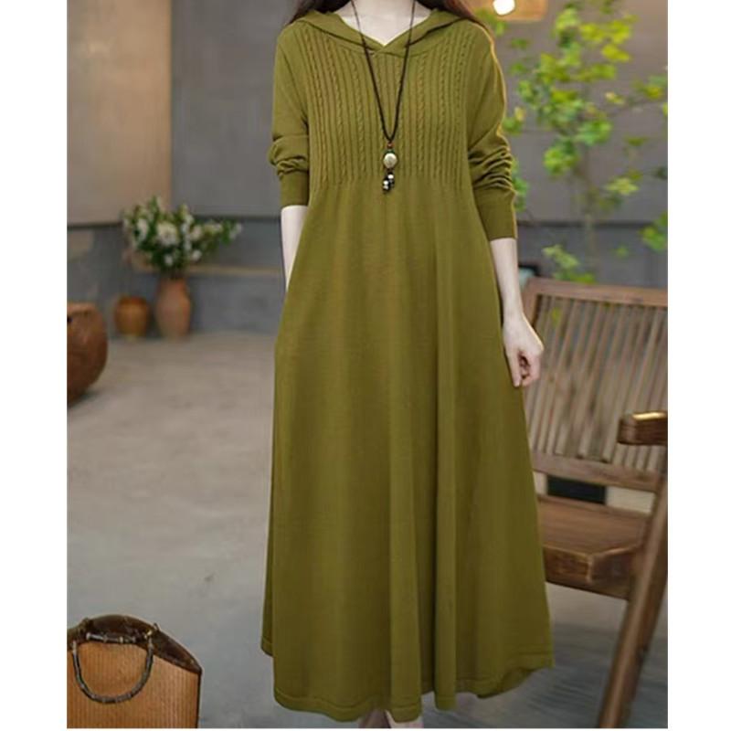 

Большой размер длинное модное универсальное трикотажное платье-свитер до колена с капюшоном осень-зима новый высококлассный свитер, делающий моложе, женский One size оливковый