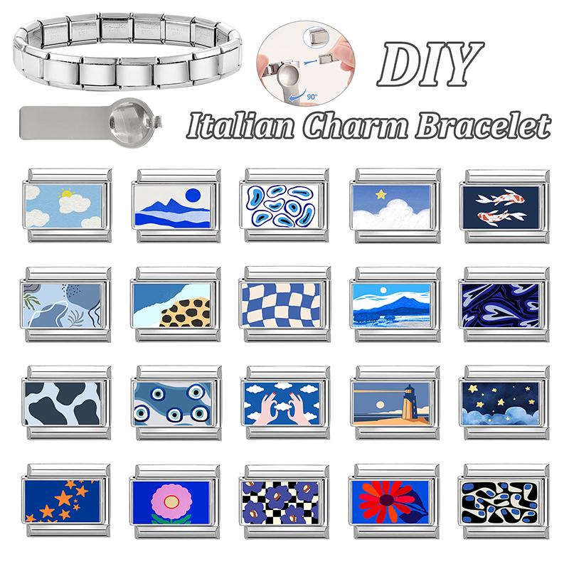 Großhandel Y2K Blau Grau Blume Seestern Wolken Sonne Katze Italienischer Charms Glieder Passend für 9mm Edelstahlarmband DIY Herstellung Geschenk