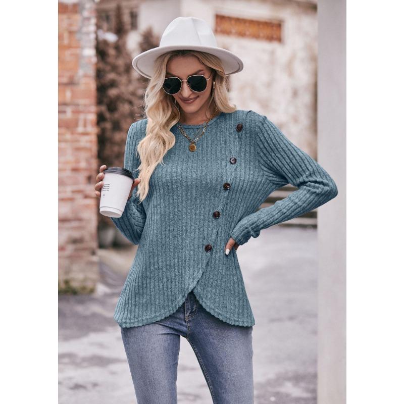 YYFS Damenmode, lässig, Frühling, Herbst, einfarbig, bedruckt, langärmelig, O-Ausschnitt, Blusen und Hemden