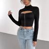 Womens Winter Stretch High Neck Long Sleeve Cutout Top Slim Fit Base Layer Tee Black Milk Silk