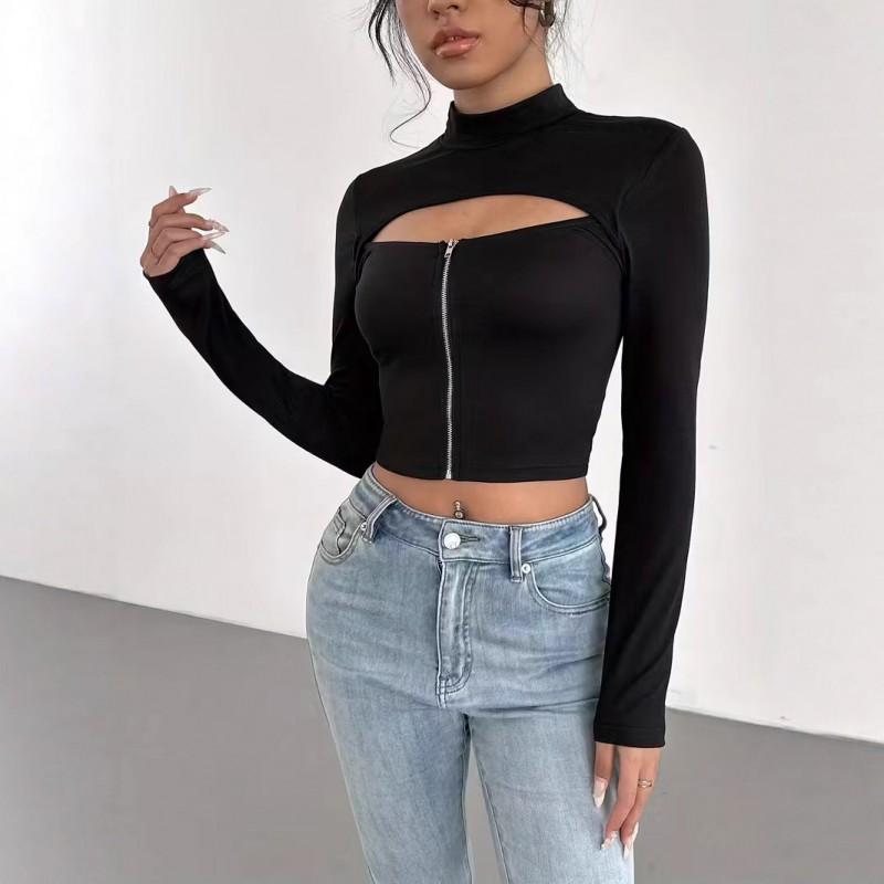 Womens Winter Stretch High Neck Long Sleeve Cutout Top Slim Fit Base Layer Tee Black Milk Silk