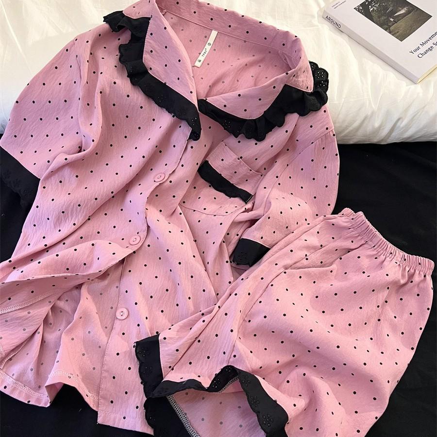 

Korean version of cute pink lace polka dot pajamas women s short-sleeved shorts lace lace loungewear can go out suit S