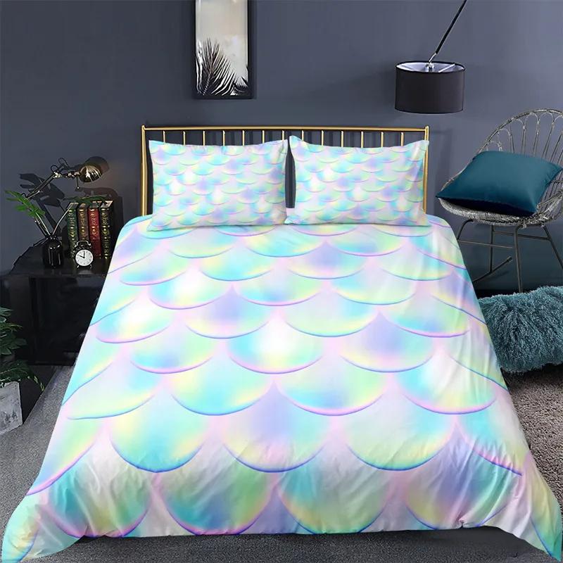 Comforter Mermaid Fish Scales Magical Colorful Seamless Pattern With Fish Scale Net Print Bedding Set Microfiber