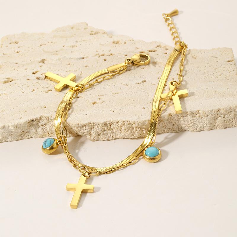 New European and American cross double-layer bracelet simple niche design turquoise pendant stainless steel gold-plated bracelet