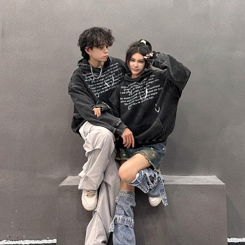 American Style Old Washed Hooded Sweater for Couple Loose Bird Print High Street Hoodie Men's Fashion