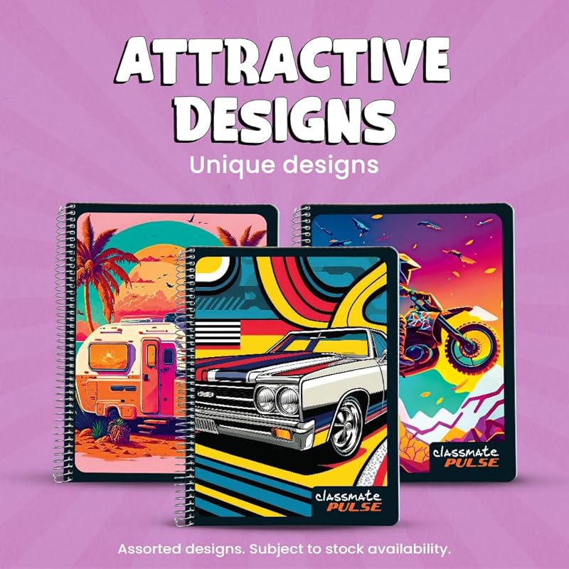 

Classmate Pulse Single Subject Spiral Notebook - Pack of 4 | Unruled | 200 Pages | 24.0cm x 18.0cm | Attractive Cover De Pack of 1