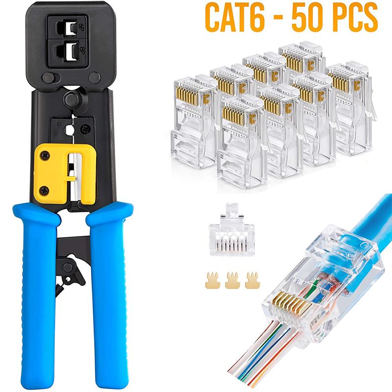 

Обжимной инструмент RJ45, проходной Cat5 Cat5e Cat6, обжимной инструмент для обычных и сквозных разъемов RJ45/RJ12, набор из 100 шт.