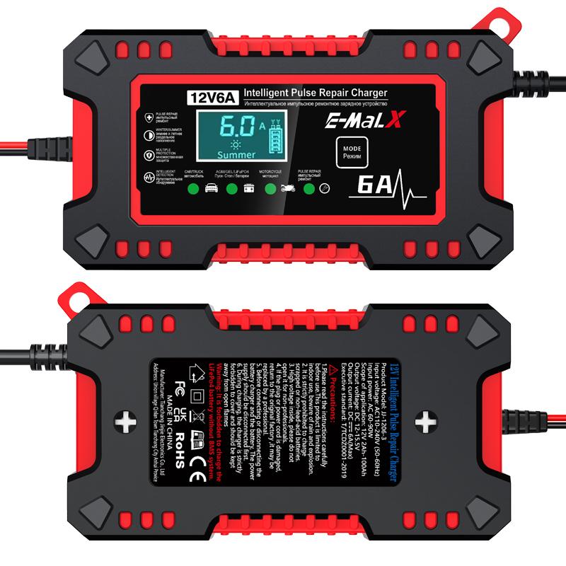 Car Battery Charger Overvoltage Protection Voltage Temperature Detection Intelligent Pulse Repair For SUV Motorcycle Truck 12V 6A Digital LCD Display