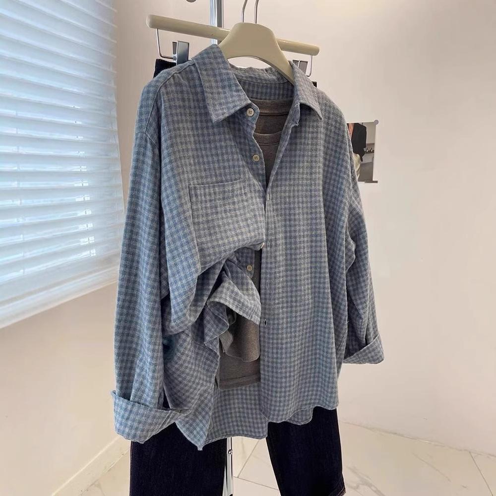 Korean Vintage Polished Blue Plaid Long-sleeved Shirt Women's Spring and Autumn New Loose and Lazy Top