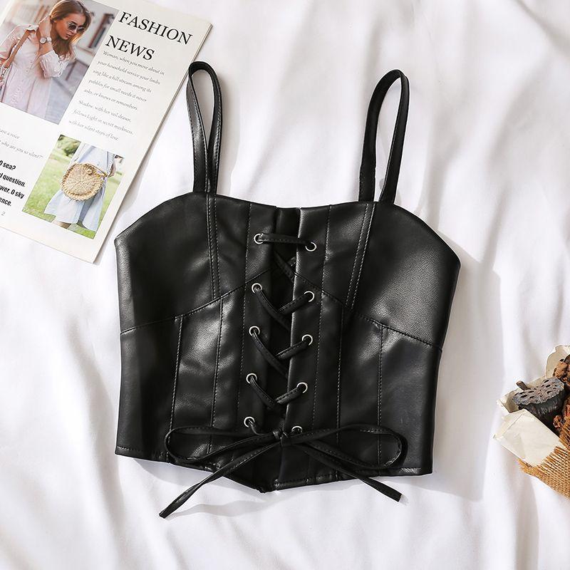 

Черный ПУ Кожаный Топ-майка Женский На бретелях Осень и Зима Стильный Нишевый Стиль Европейский и Американский Сексуальный Приталенный Верхняя одежда Короткие топы Black S