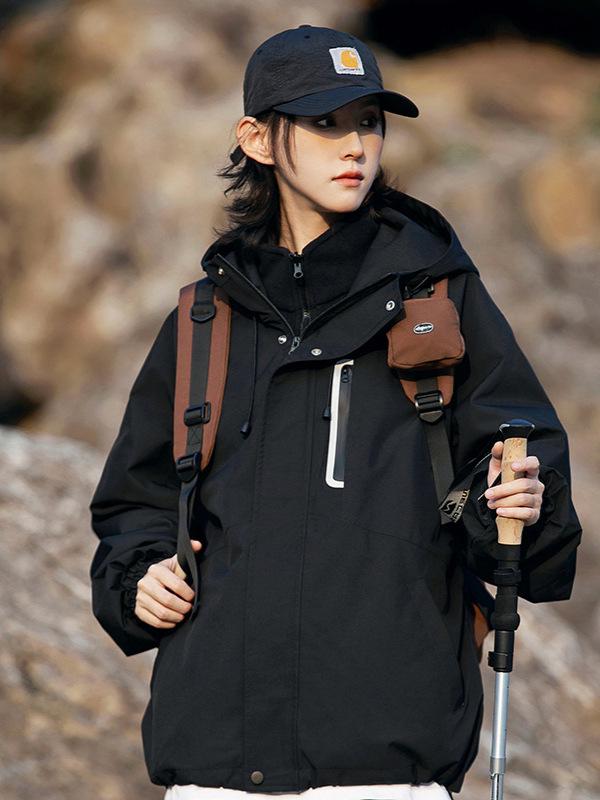 Unisex Trendy Three-in-One Waterproof Jacket for Autumn/Winter Outdoor Activities, Color-Blocked Design for Couples