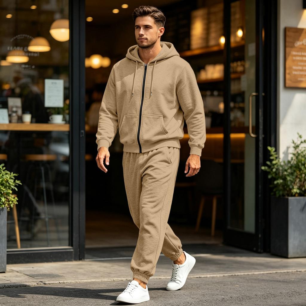 Men's Multi-Pocket Zip-Up Hooded Sweatshirt and Pants Set Athletic Tracksuit