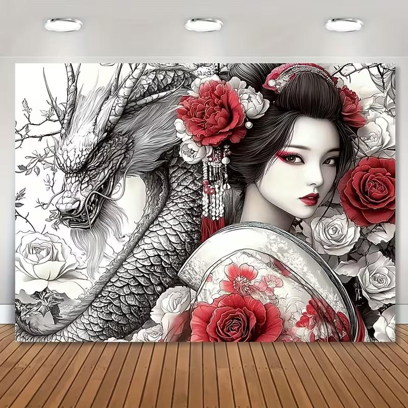 2D Oriental Geisha & Dragon Tapestry Red Floral Japanese Wall Art Decor