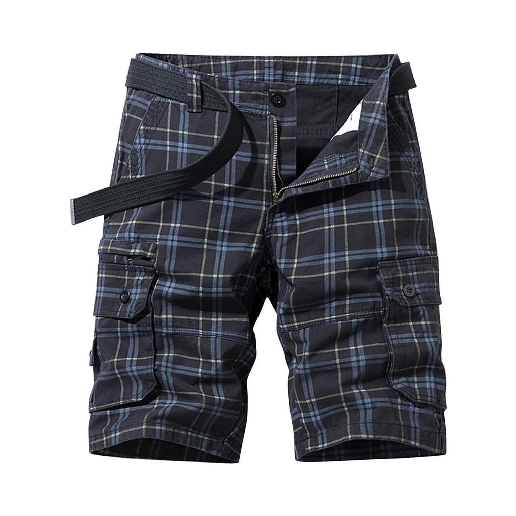 New Pure Cotton Summer Men's Shorts Casual Sports Tooling Five-point Pants Simple Plaid Slim-fitting Medium Pants Multi-bag Pants