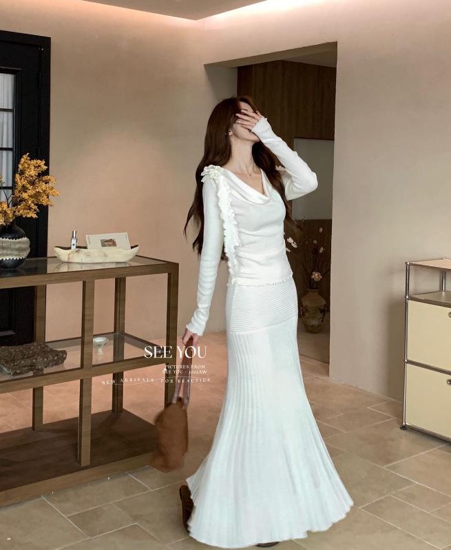 Elegancka Wszechstronna Żółta Miękka Spódnica z Dzianiny w Kształcie Rybiego Ogonu na Jesień/Zimę