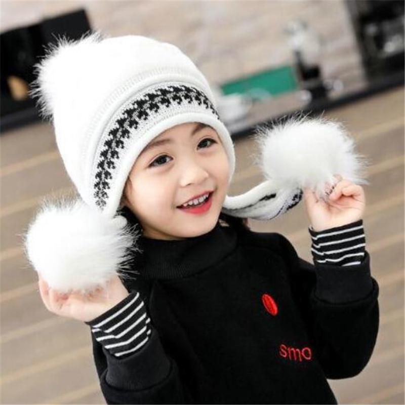 Kuz Qish Bolalar Chiroyli Qizlar Malika Shlyapalari Peluş Iliq Trikotaj Quloqni Himoya Qiluvchi Shlyapa Pompon bilan