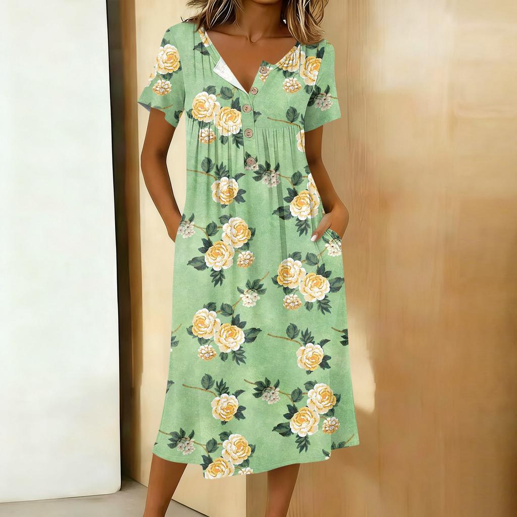 Dámské módní retro tištěné kulatý výstřih krátký rukáv knoflíky střední délka ležérní šaty