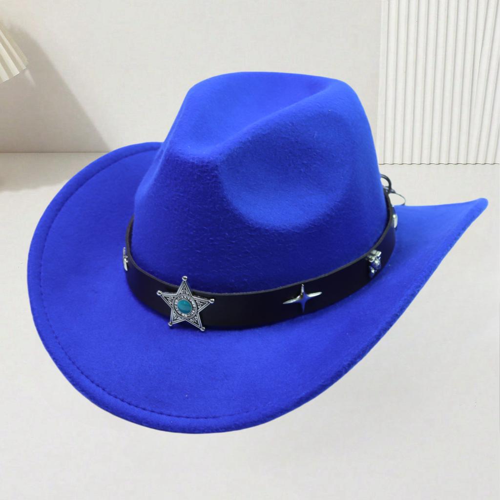 European and American Woolen Hat Women's Western Retro Cowboy Hat Men's Five-pointed Star Ethnic Style Decorative Flat Top Top Top Hat