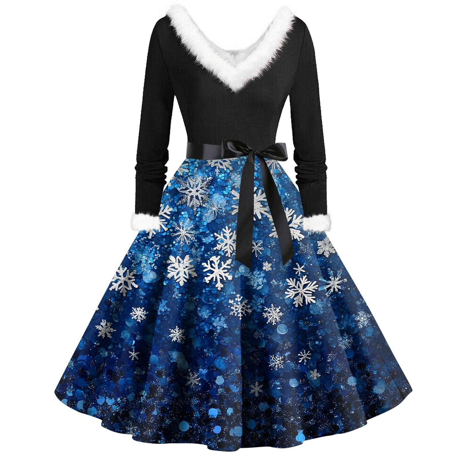 

Женские повседневные модные плюшевые платья с V-образным вырезом и рождественским принтом XL синий