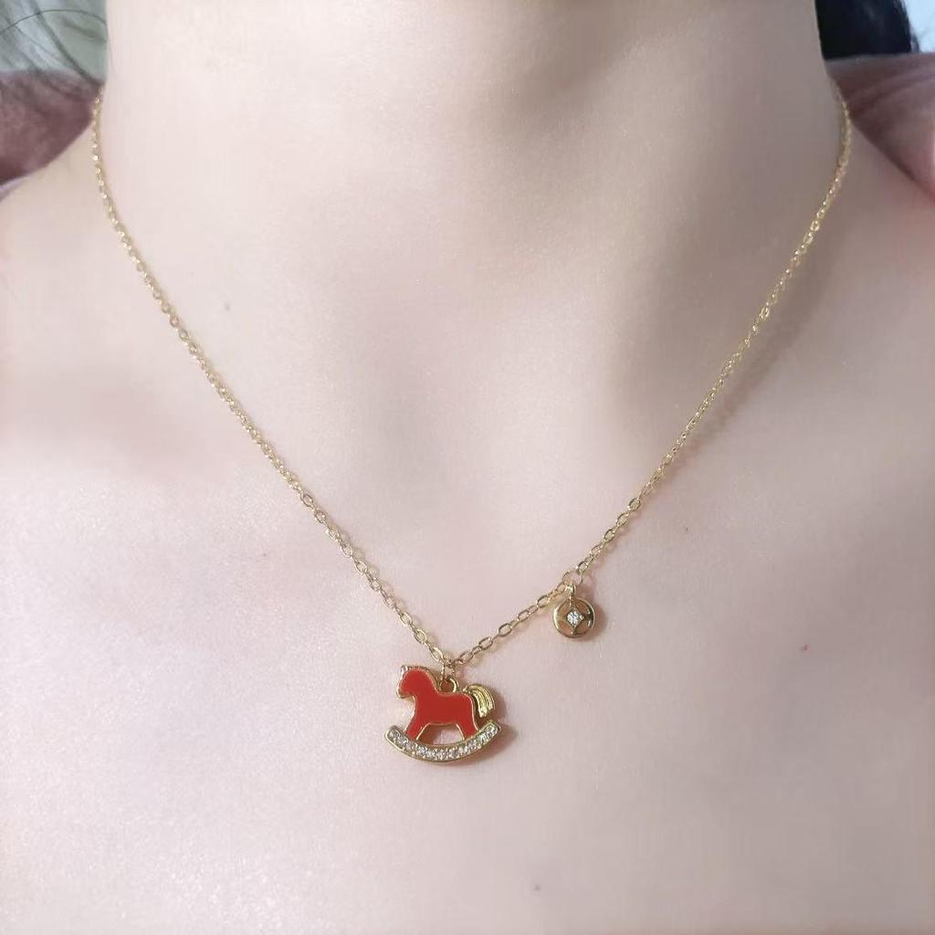 Gold-Plated Zodiac Necklace: 2026 Year of the Horse Red Pendant Clavicle Chain