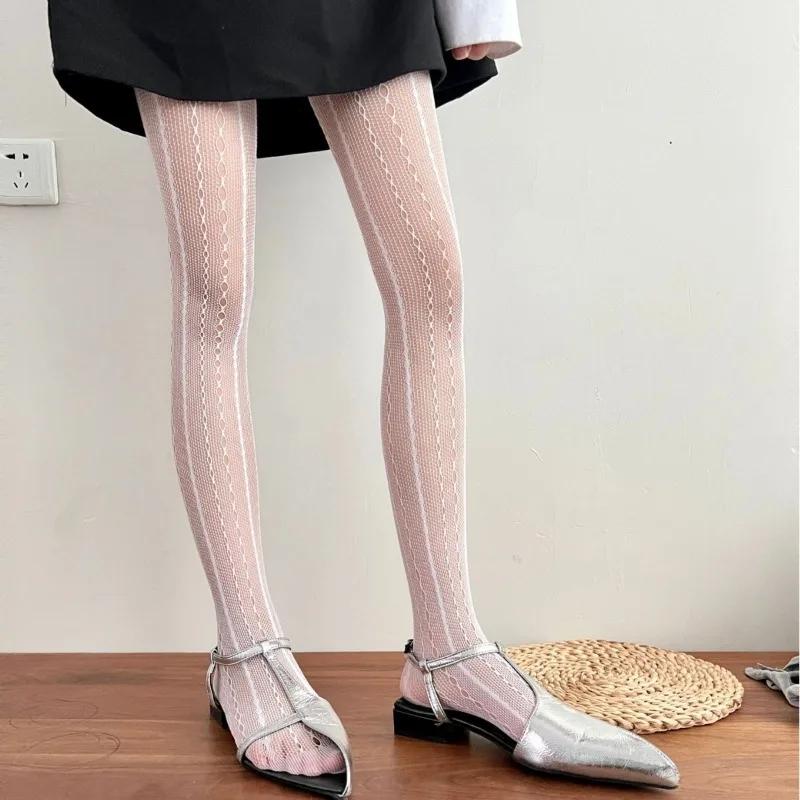 Women Sexy Lace Fishnet Stockings Lolita Hollow Out Solid Pantyhose JK Japanese Style High Waist Vintage Rhombus Striped Tights