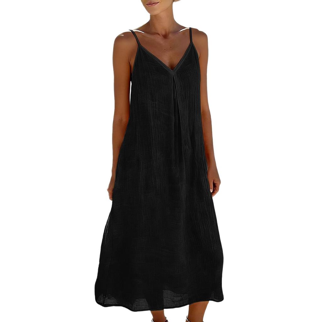Women's Summer Fashion Strap Skirt Loose Fold V-neck Bohemian Vacation Beach Cotton Hemp Dress