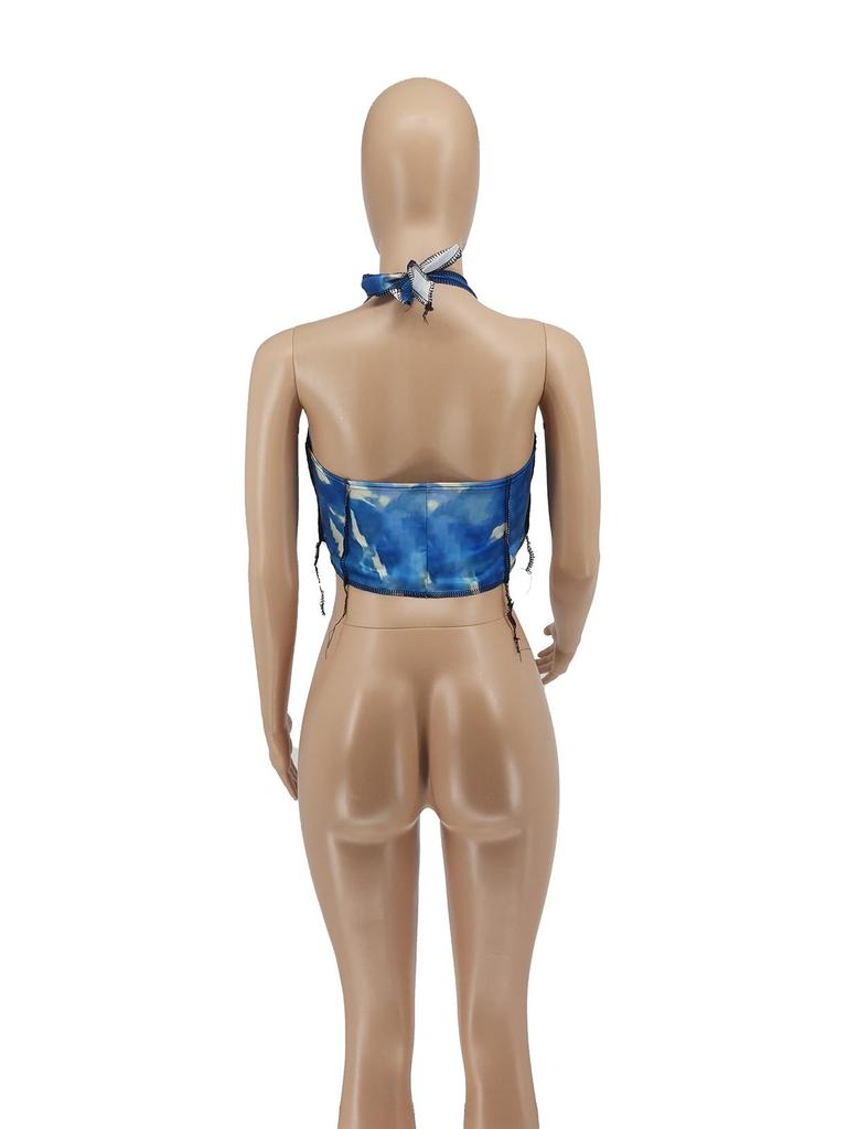 JH5821 European & American Sexy Lace-Up Spaghetti Strap Print Top for Women