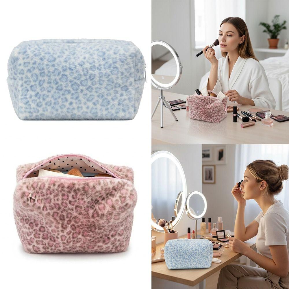 Durable Multi-functional Fuzzy Makeup Bag Leopard Print Large Capacity Toiletry Organizer Portable Travel Storage Pouch Girls