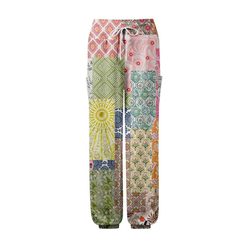 Women's Pocket Drawstring Trousers High Waist Yoga Bohemian Printed Casual Pants
